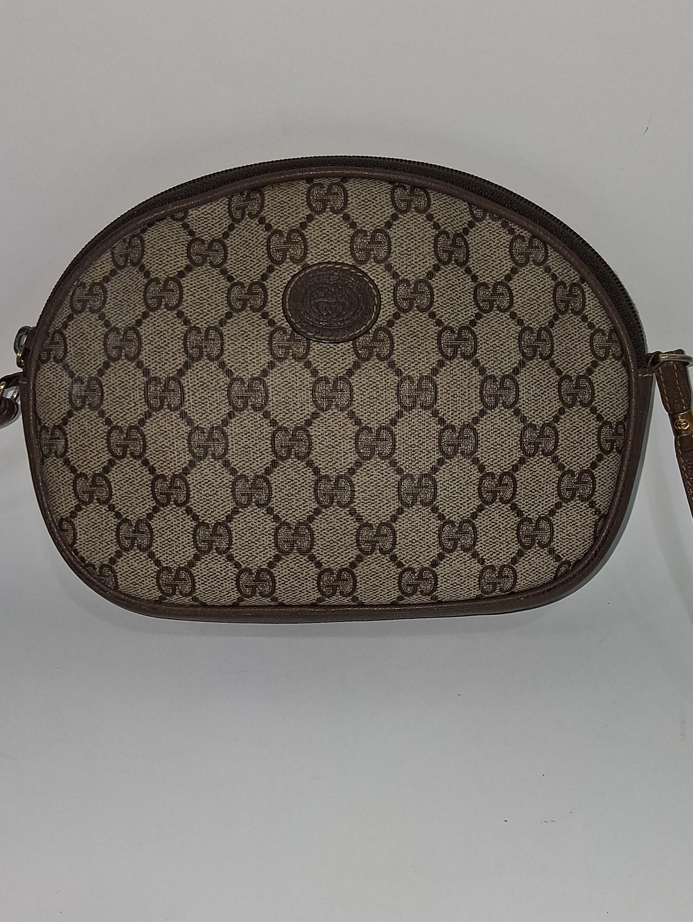 Vtg Gucci Brown & Beige Monogram Canvas Leather Oval Crossbody Bag